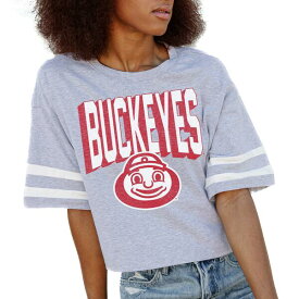 ゲームデイ レディース Tシャツ トップス Ohio State Buckeyes Gameday Couture Women's No Shortcuts Drop Shoulder Sleeve Stripe Cropped TShirt Gray
