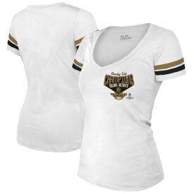 マジェスティックスレッズ レディース Tシャツ トップス Vegas Golden Knights Majestic Threads Women's 2023 Stanley Cup Champions Striped VNeck TShirt Gold