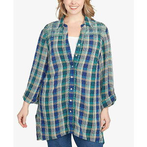 ���r�[���[�h ���f�B�[�X �J�b�g�\�[ �g�b�v�X Plus Size Embroidered Plaid Button Down Top Teal Multi