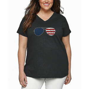 �G���G�[�|�b�v�A�[�g ���f�B�[�X �J�b�g�\�[ �g�b�v�X Plus Size Americana Sunglasses Word Art V-Neck T-Shirt Grey