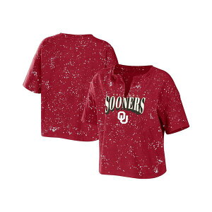 EFA oC GEAh[Y fB[X Jbg\[ gbvX Women's Crimson Oklahoma Sooners Bleach Wash Splatter Cropped Notch Neck T-shirt Crimson