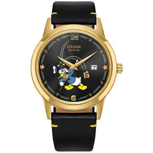 V`Y fB[X rv ANZT[ Eco-Drive Men's Disney Donald Duck Seeing Stars Black Leather Strap Watch 40mm Black
