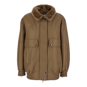 uJ fB[X WPbgu] AE^[ Brown Bomber Jacket With Fur Collar And Patch Pockets In Leather Woman Brown