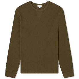 サンスペル メンズ Tシャツ トップス Sunspel Long Sleeve Waffle T-Shirt Green