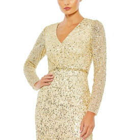 マックダガル レディース ワンピース トップス Women's Long Sleeve Faux Wrap Embellished Tea Length Dress Gold multi