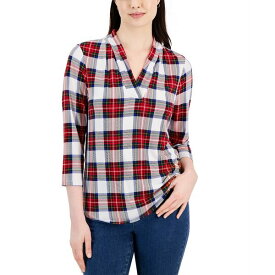 チャータークラブ レディース カットソー トップス Plaid Pleated V-Neck Top, Created for Macy's Bright White Combo