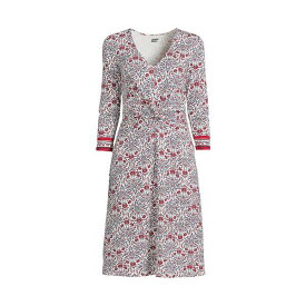 ランズエンド レディース ワンピース トップス Petite Lightweight Cotton Modal 3/4 Sleeve Fit and Flare V-Neck Dress Ivory adorn border floral