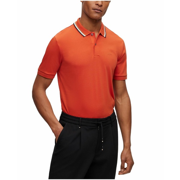 ヒューゴボス メンズ ポロシャツ トップス Men's Striped Collar Slim-Fit Polo Shirt Dark Orange
