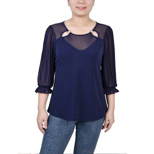 j[[NRNV fB[X Jbg\[ gbvX Petite 3/4 Sleeve Ringed Mesh Top Eclipse