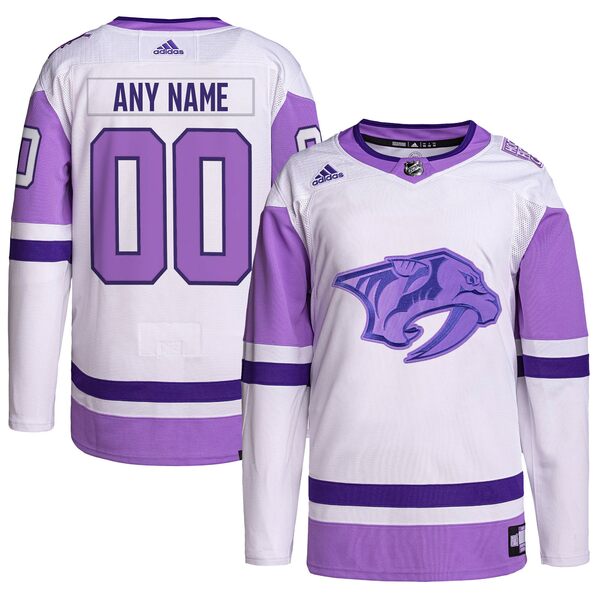 アディダス メンズ ユニフォーム トップス Nashville Predators adidas Hockey Fights Cancer Primegreen Authentic Custom Jersey White Purple