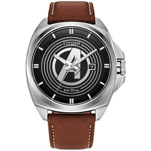 V`Y fB[X rv ANZT[ Eco-Drive Men's Marvel Classic Avengers Legacy Brown Leather Strap Watch 42mm Brown