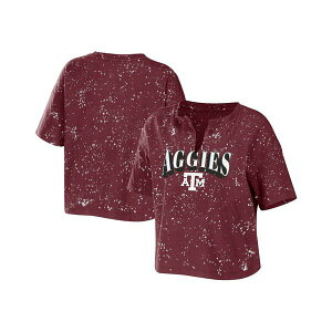 EFA oC GEAh[Y fB[X Jbg\[ gbvX Women's Maroon Texas A&M Aggies Bleach Wash Splatter Cropped Notch Neck T-shirt Maroon