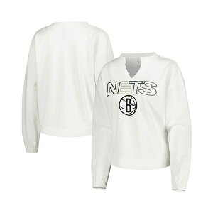 RZvgX|[c fB[X TVc gbvX Women's White Brooklyn Nets Sunray Notch Neck Long Sleeve T-shirt White