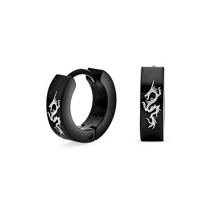 uO Y sAXECO ANZT[ Mens Dragon Hoop Huggie Earrings Laser Gold Tone Stainless Steel Black