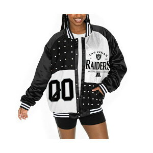 Q[fC fB[X WPbgu] AE^[ Women's Black/White Las Vegas Raiders Oversized Hot Shot Rhinestone Throwback Full-Snap Varsity Bomber Jacket Black, White
