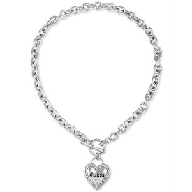 ゲス メンズ ネックレス・チョーカー アクセサリー My Sparkly Valentine Logo Heart Pendant 17” Toggle Necklace Silver