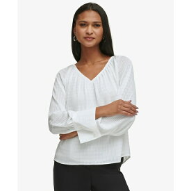 カルバンクライン レディース カットソー トップス Women's Long Sleeve Textured V-Neck Blouse Soft White