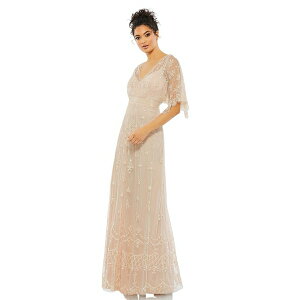 �}�b�N�_�K�� ���f�B�[�X �����s�[�X �g�b�v�X Women's V Neck Flounce Sleeve Embellished Mesh Gown Blush