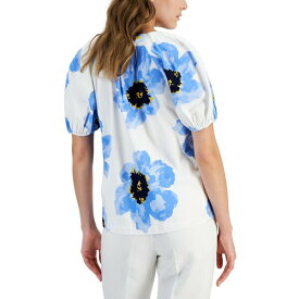 アンクライン レディース シャツ トップス Women's Floral-Print Puff-Sleeve Blouse Bright White/Shore Blue
