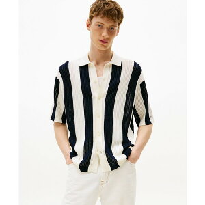 g~[ qtBK[ Y Vc gbvX Men's Stripe Button Front Open Knit Shirt Desert Sky/Ivory Petal