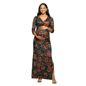 24�Z�u���R���t�H�[�g ���f�B�[�X �����s�[�X �g�b�v�X Women's Maternity Three Quarter Sleeve Side Slit Maxi Dress Green Multi
