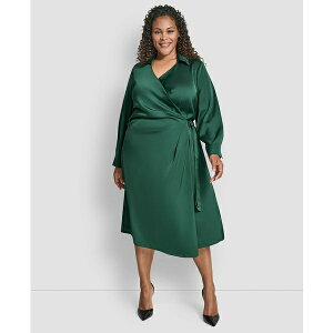 �_�i �L������ �j���[���[�N ���f�B�[�X �����s�[�X �g�b�v�X Plus Size Long Sleeve Surplice O-Ring Midi Dress Pine