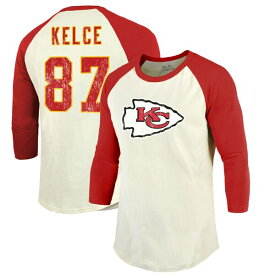 【送料無料】 マジェスティックスレッズ メンズ Tシャツ トップス Travis Kelce Kansas City Chiefs Majestic Threads Player Name & Number Raglan 3/4Sleeve TShirt Cream/Red