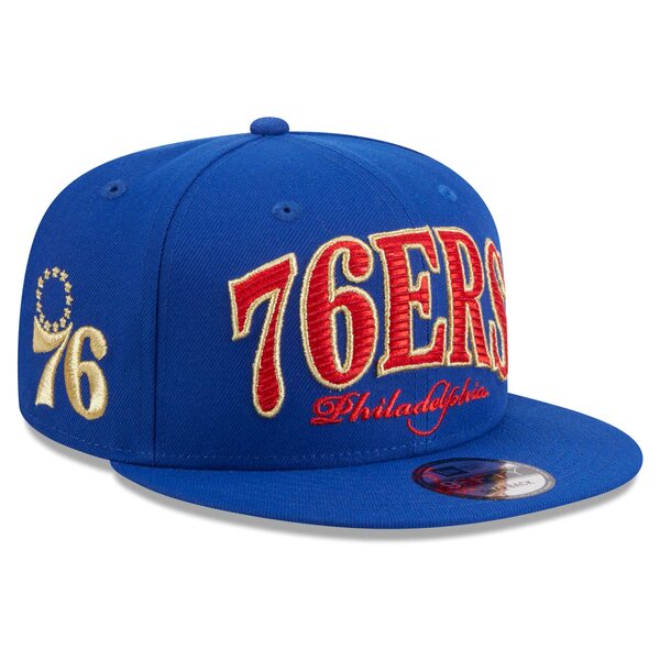 ニューエラ メンズ 帽子 アクセサリー Philadelphia 76ers New Era Golden Tall Text 9FIFTY Snapback Hat Royal：asty