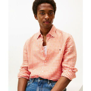 g~[ qtBK[ Y Vc gbvX Men's 100% Linen Gingham Button Up Shirt Brilliant Orange / Check