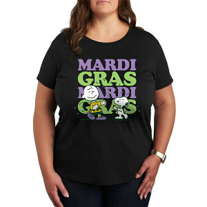�n�C�u���b�h �A�p���� ���f�B�[�X �J�b�g�\�[ �g�b�v�X Plus Size Trendy Peanuts Mardi Gras Graphic Crew Neck T-Shirt Black