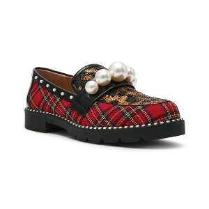 �x�b�c�B�W�����\�� ���f�B�[�X �X���b�|���E���[�t�@�[ �V���[�Y Women's Harloe Embellished Low Heel Loafers Red Plaid