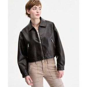 Zr[ fB[X WPbgu] AE^[ Women's Faux-Leather Vintage-Wash Bomber Jacket Brown