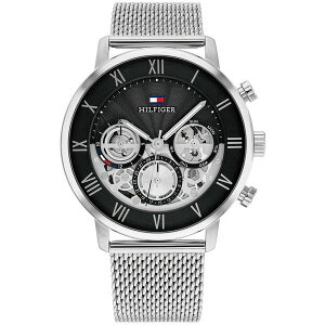 g~[ qtBK[ Y rv ANZT[ Men's Multifunction Silver Tone Stainless Steel Mesh Bracelet Watch, 44mm Black