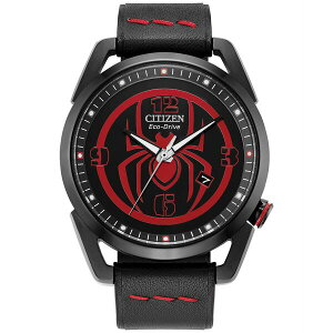 V`Y fB[X rv ANZT[ Eco-Drive Men's Marvel Miles Morales Black Leather Strap Watch 42mm No Color