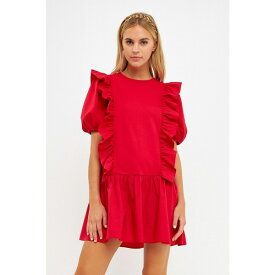 イングリッシュファクトリー レディース ワンピース トップス Women's Mixed Media Ruffle Detail Mini Dress Cherry red