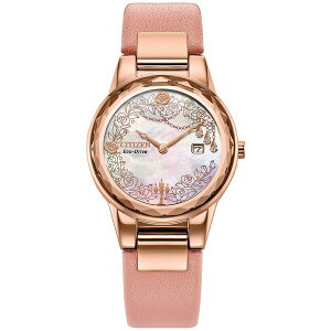 V`Y fB[X rv ANZT[ Eco-Drive Women's Disney Eternal Beauty Belle Pink Leather Strap Watch 30mm Box Set Pink