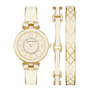 ANC fB[X rv ANZT[ Women's Gold-Tone Alloy Bangle with White Enamel and Crystal Accents Fashion Watch 33mm Set 3 Pieces Gold-Tone, White