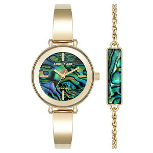 ANC fB[X rv ANZT[ Women's Quartz Round Abalone Gemstone Gold-Tone Alloy Metal Bangle Watch Set, 30mm Blue/Green/Gold-Tone