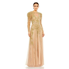 マックダガル レディース ワンピース トップス Women's Beaded Illusion Puff Sleeve Gown Nude gold