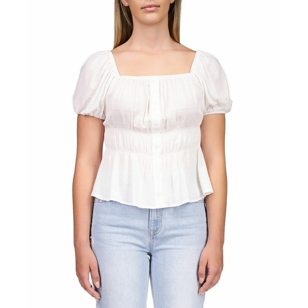 サンクチュアリー レディース カットソー トップス Women's Textured Square-Neck Puff-Sleeve Top White