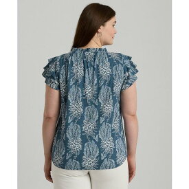 ラルフローレン レディース カットソー トップス Plus Size Tie-Neck Flutter-Sleeve Top Blue/Cream