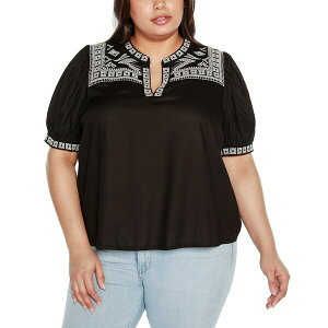 �x���f�B�[�j ���f�B�[�X �J�b�g�\�[ �g�b�v�X Black Label Plus Size Embroidered Boho Short Sleeve Top Black