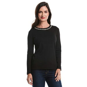���t�@�G�� ���f�B�[�X �J�b�g�\�[ �g�b�v�X Petite Embellished Neck Long Sleeve Top Black