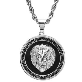 スティールタイム レディース ネックレス・チョーカー・ペンダントトップ アクセサリー Men's Two-Tone Stainless Steel Simulated Diamond Lion Head On Greek Key Mount 24" Pendant Necklace Black, Silver