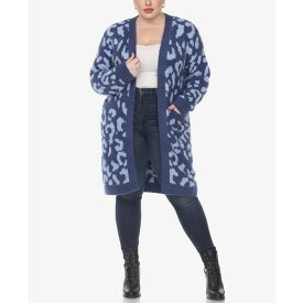 ホワイトマーク レディース ニット&セーター アウター Plus Size Leopard Print Open Front Sherpa Sweater Navy, Light Blue