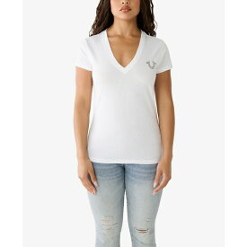 トゥルーレリジョン レディース カットソー トップス Women's Short Sleeve Crystal Stamp V-neck T-shirt Optic White