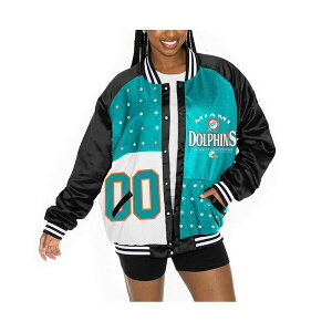 Q[fC fB[X WPbgu] AE^[ Women's Black/Aqua Miami Dolphins Oversized Hot Shot Rhinestone Throwback Full-Snap Varsity Bomber Jacket Black, Aqua