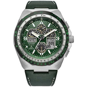 V`Y fB[X rv ANZT[ Eco-Drive Men's Chronograph Promaster Skyhawk Green Leather Strap Watch 46mm Green