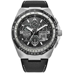V`Y Y rv ANZT[ Eco-Drive Men's Chronograph Promaster Skyhawk Black Leather Strap Watch 46mm Black