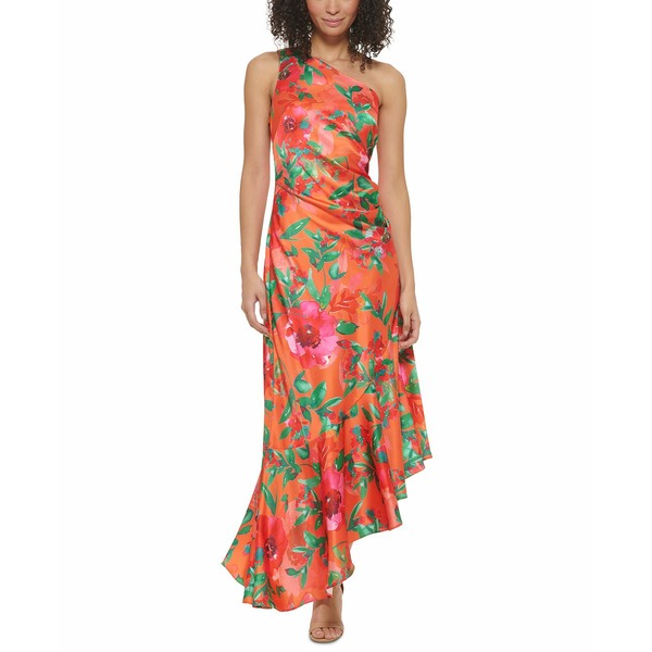 エリザジェイ レディース ワンピース トップス Women's Floral-Print One-Shoulder Maxi Dress Coral